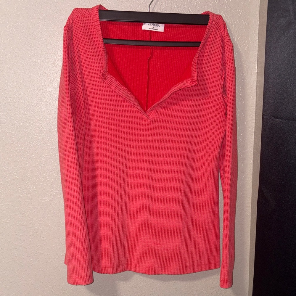 Zenana Red Waffle Knit Long Sleeve Top